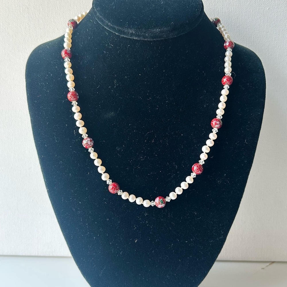 Vintage Pearl & Red Cloisonné Bead Necklace